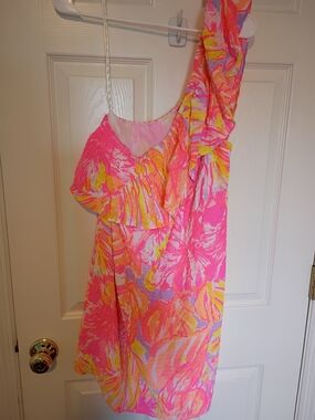 Lilly Pulitzer RARE One-Shoulder Ruffle Dress Pink,Yellow& Orange Floral NWOT XL